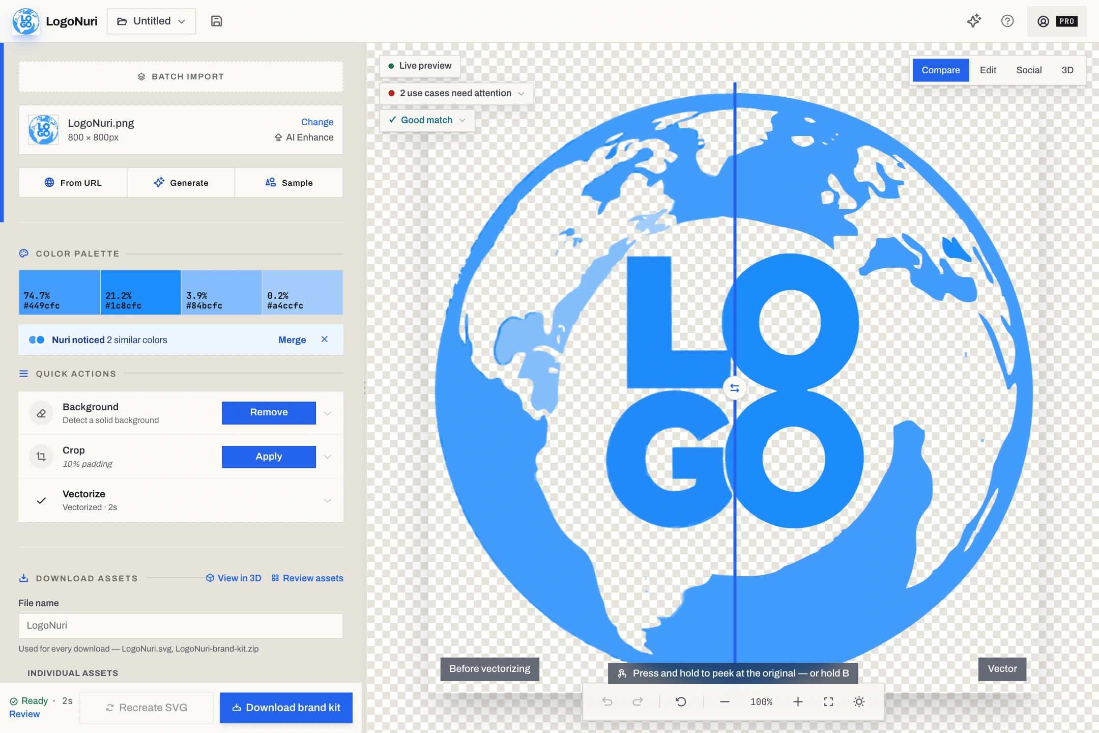 The LogoNuri editor with logo refinement controls, extracted colors, and a vector preview