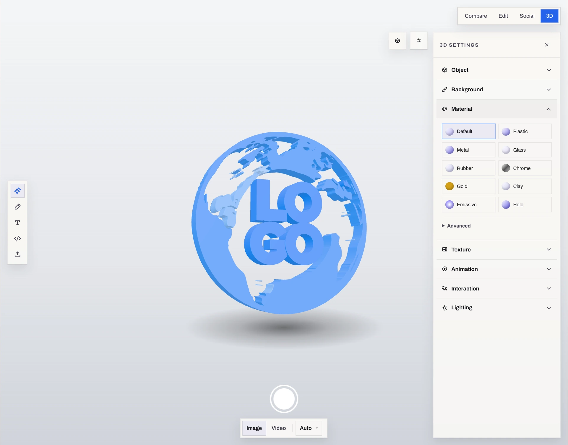 LogoNuri’s 3D workspace showing the logo with depth, material, and lighting controls