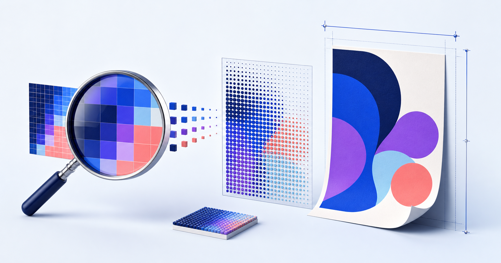 Dimensional illustration of enlarged pixels passing through a magnifier into a crisp printed logo sheet