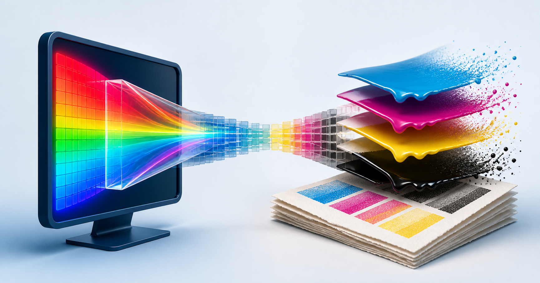 Dimensional illustration of luminous RGB screen colors converting into CMYK ink layers and paper swatches