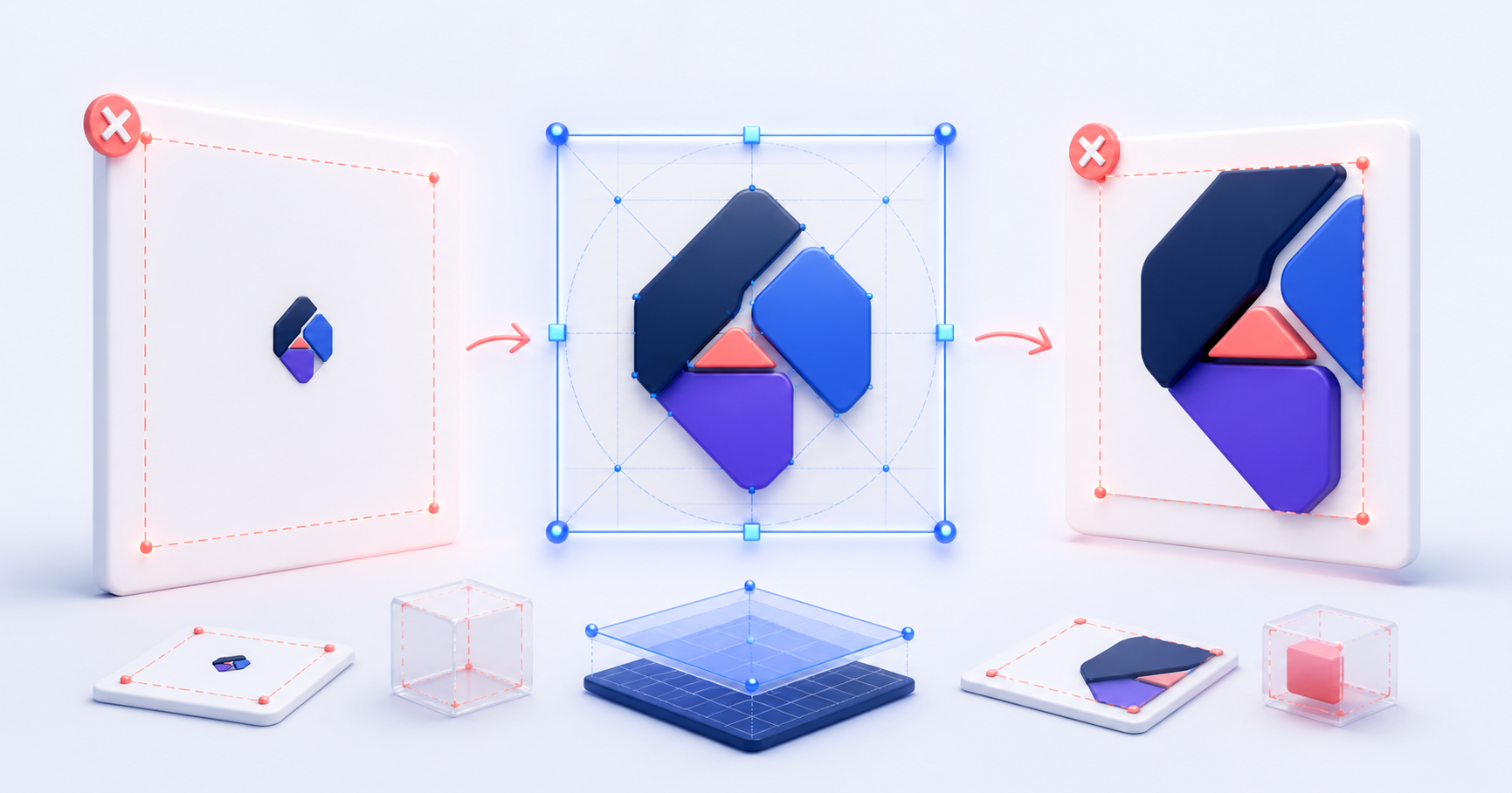 Dimensional illustration comparing an SVG with extra canvas, correct bounds, and clipped artwork
